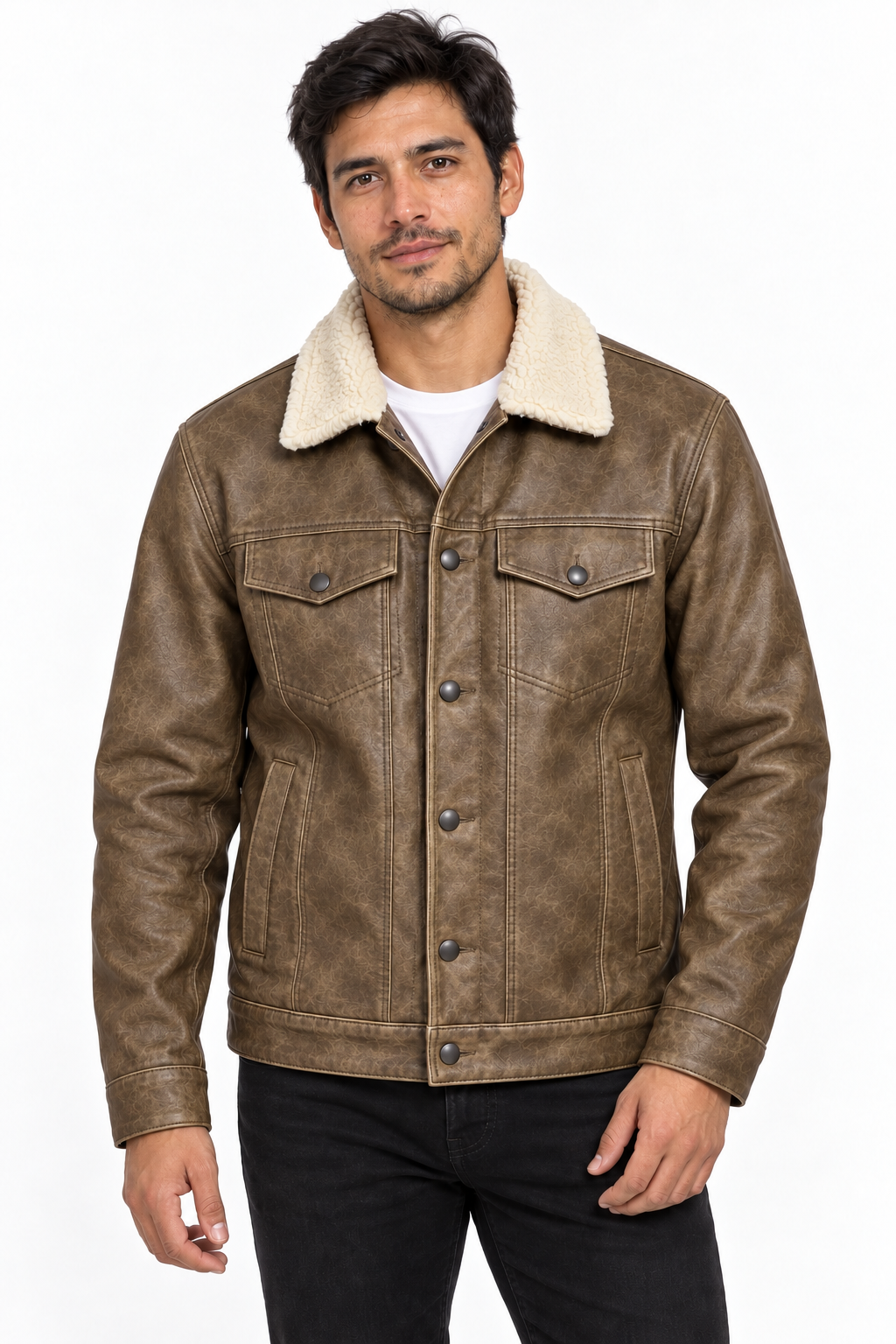 Chaqueta café vintage con cuello de borrego